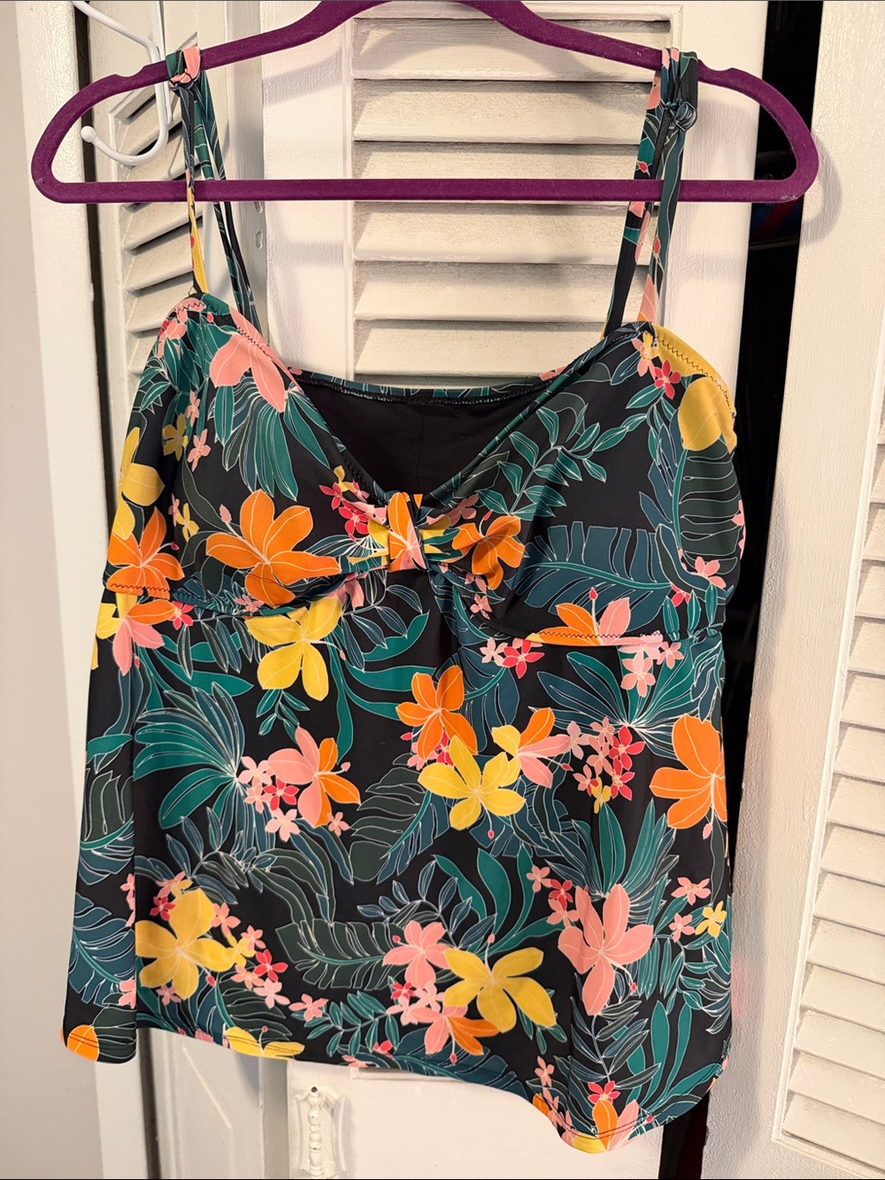 Old Navy Black Tropical Floral Tankini Top with Yellow, Orange, Pink Flowers